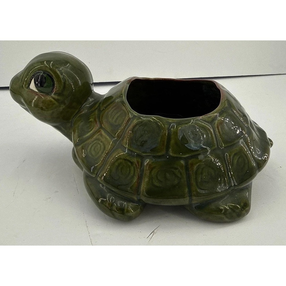 VTG 70s Turtle Planter Hand Glazed Studio Pottery Green‎ Ceramic Succulent Pot